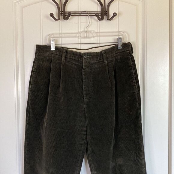 Brooks Brothers Elliot Olive Green Wide Wale Corduroy Pants Pleats Cuff Size 35 - Picture 2 of 10